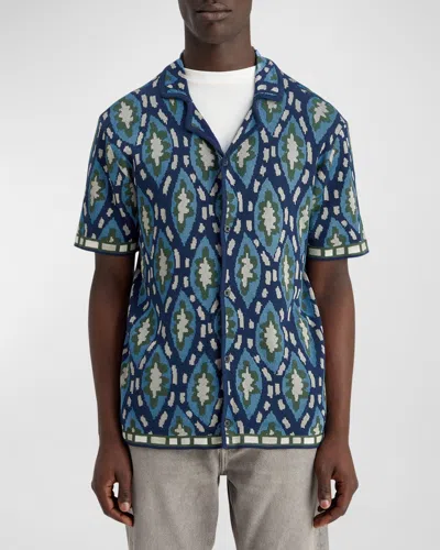 Scotch & Soda Men's Jacquard Knit Camp Shirt In Blue Bookcover Print