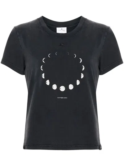 Courrèges Moon-phases-print Cotton T-shirt In Black  