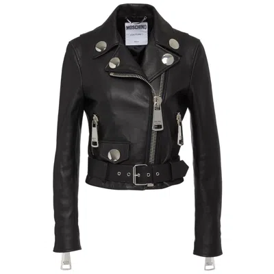 Moschino Couture Chic Asymmetric Leather Biker Jacket In Black