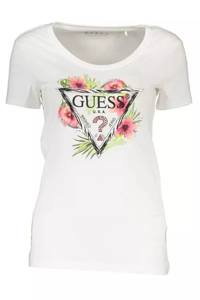 Guess Jeans Chic White Logo Tee With Elegant Detailing