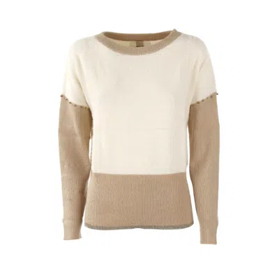 Yes Zee Elegant Crew-neck Sweater With Metallic Accents In Neutral