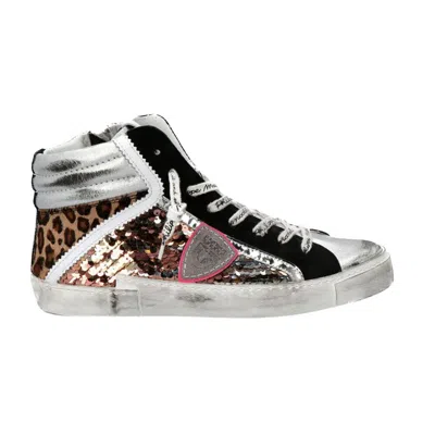 Philippe Model Elegant Gray Leather Sneakers With Sequin Details In Multi