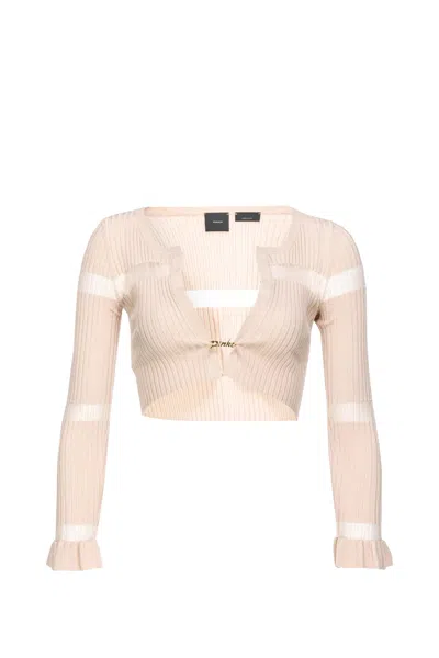 Pinko Striped Cropped Cardigan In Beige-pierre Ponce