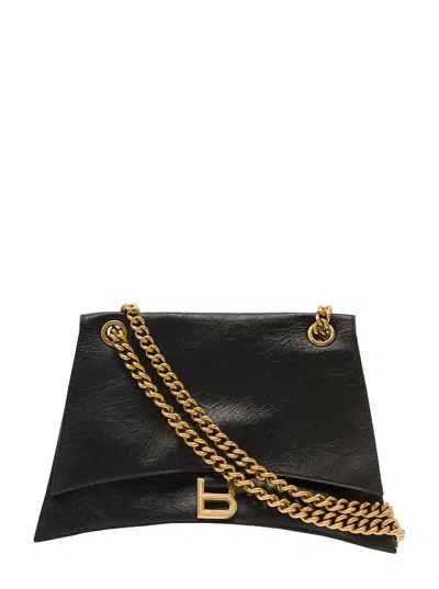 Balenciaga 'crus Medium' Black Shoulder Bag With B Logo Hardware In Crushed Leather Woman