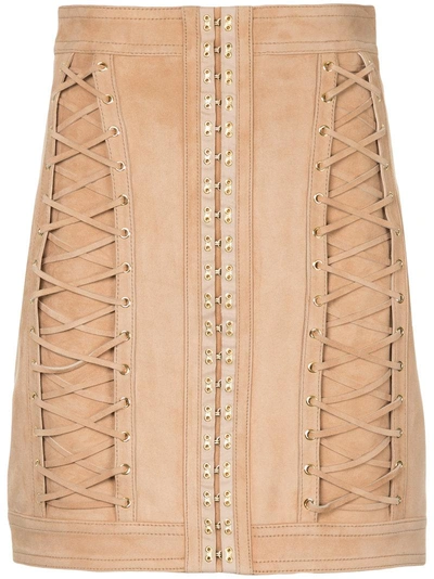 Balmain Lace-up Mini Skirt In Brown