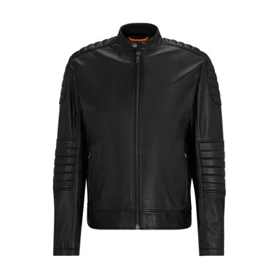 Hugo Boss Regular-fit Jacket In Lamb Leather With Quilting Detail In Black