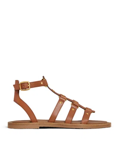Celine Women Lympia  Gladiator Style Sandal In Calf Leather In Brown