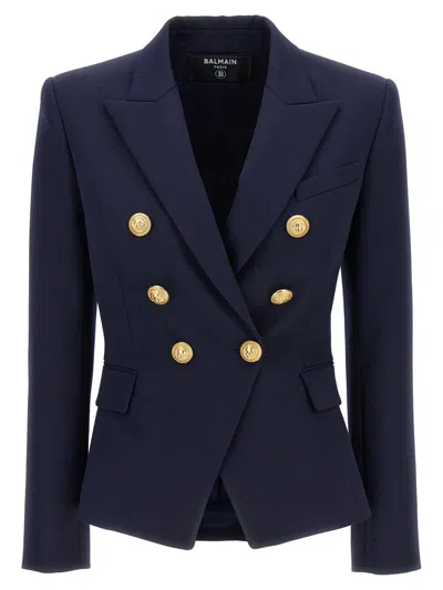 Balmain Double-breasted Blazer With Logo Buttons In Blue