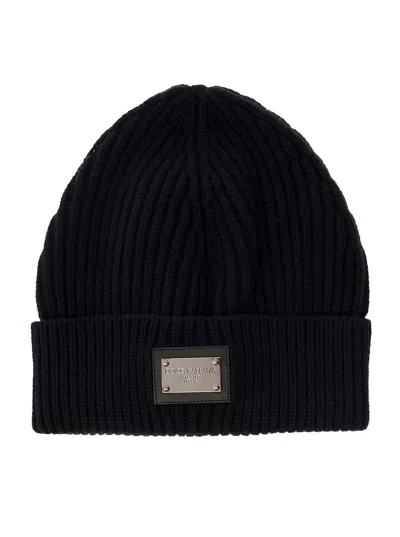 Dolce & Gabbana Black Ribbed Beanie With Logo Plaque In Wool And Cashmere Blend Woman