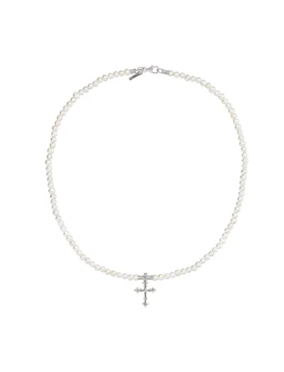 Emanuele Bicocchi Small Pearl Necklace Cross In White