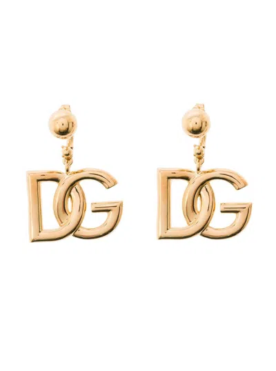 Dolce & Gabbana Gold-tone Dangling Earrings With Dg Logo In Brass Woman In Grey