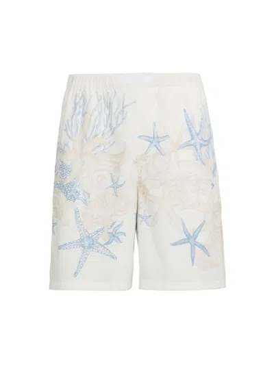 Versace Men's Coral & Star Cotton Shorts In White Dusty Blue Bone