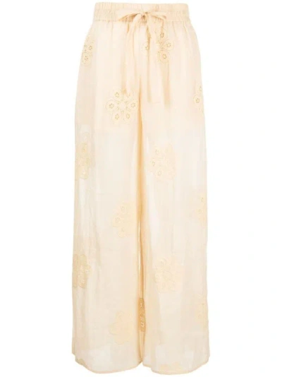 Zimmermann Acadian Floral-embroidered Ramie Trousers In Yellow