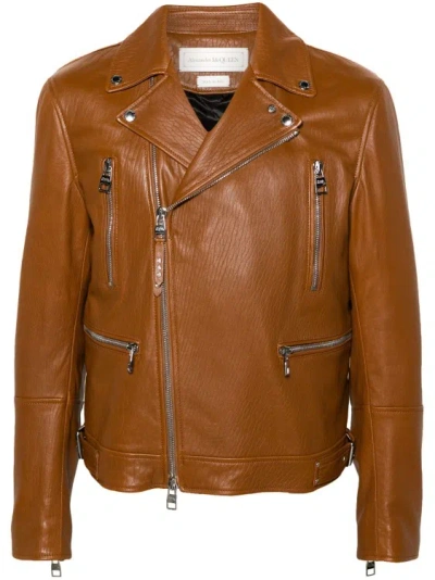 Alexander Mcqueen Zip-up Leather Biker Jacket In Brown