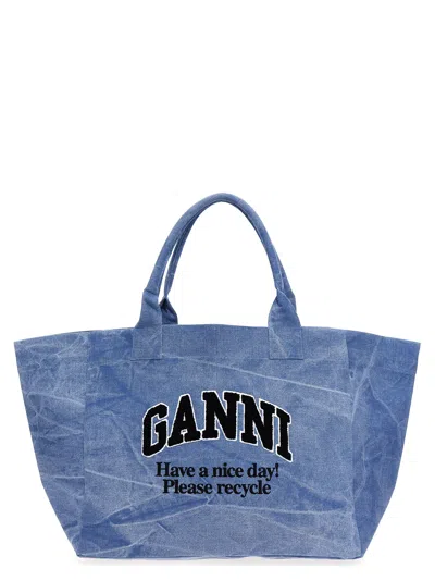 Ganni Blue Oversized Canvas Tote Bag In Light Blue