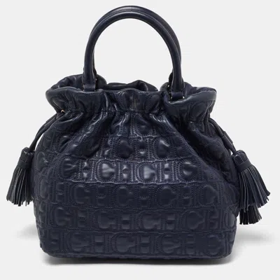 Ch Carolina Herrera Monogram Embossed Leather String Bucket Bag In Blue