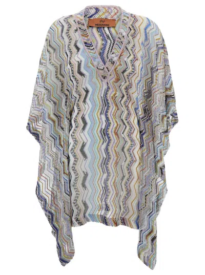 Missoni Multicolor Cover-up Kaftan With Zigzag Motif In Crochet Woman In Gray