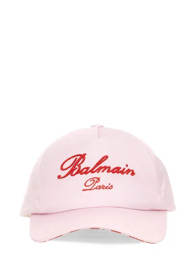 Balmain Baseball Cap With Embroidery In Pink