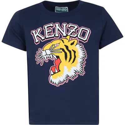 Kenzo Kids' Blue T-shirt For Girl With Iconic Tiger And Logo In A Marine