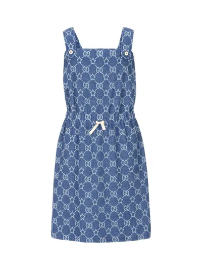 Gucci Kids' All-over Logo Patterned Sleeveless Dresses In Blue
