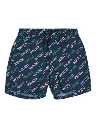 Kenzo Kids' All-over Logo Printed Drawstring Swim Shorts In Blue