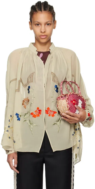 Bode Embroidered-design Silk Chiffon Blouse In Neutrals