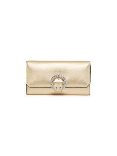 Jimmy Choo Women's Crystal-embellished Metallic Leather Wallet With Chain In Gold Silver