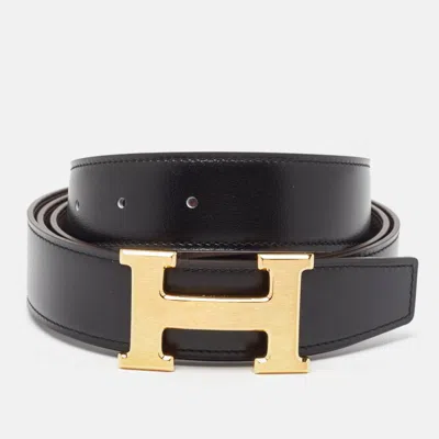 Pre-owned Hermes Noir/chocolat Box And Togo Leather H Brushed Buckle Reversible Belt 120 Cm In Black