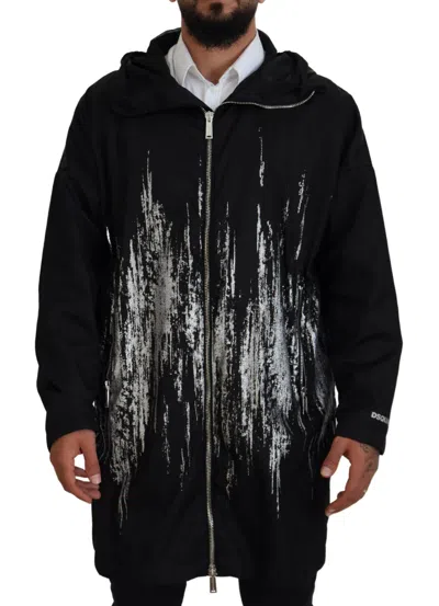 Dsquared² Black White Print Long Hooded Coat Nylon Men's Jacket