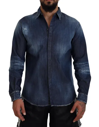 Dsquared² Blue Tattered Crystal Embellished Denim Men's Shirt
