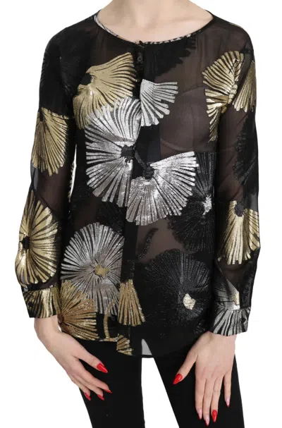 Dsquared² Gold Silver Silk Jacquard See Through Top Women's Blouse In Gold Black