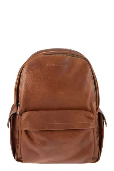 Brunello Cucinelli Calfskin Backpack With Grain In Brown