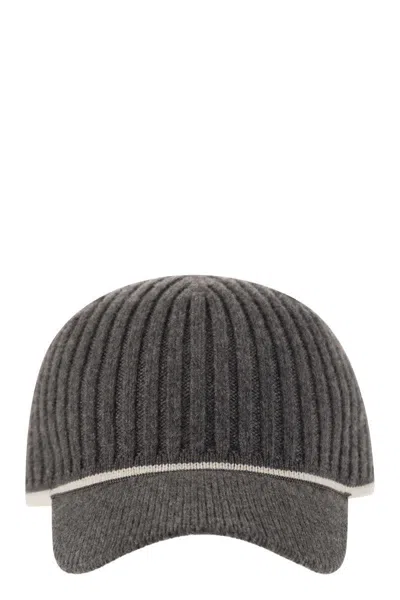 Brunello Cucinelli Ribbed Virgin Wool, Cashmere And Silk Knit Baseball Cap With Jewel In Anthracite