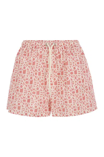 Moncler Monogram Nylon Shorts With Drawstring In Pink