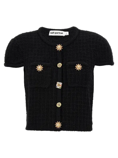Self-portrait Jewel-button Knitted Top In Black