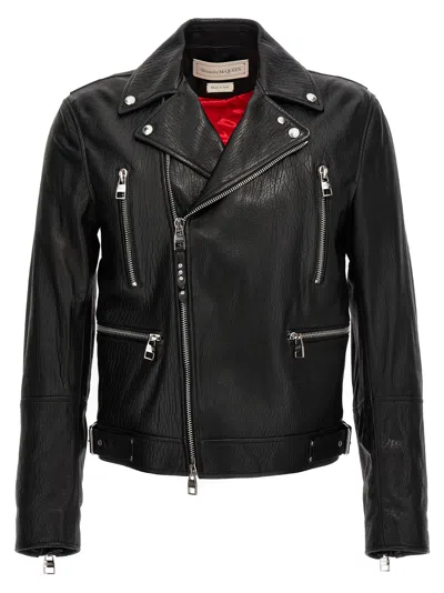Alexander Mcqueen Texture Leather Jacket Casual Jackets, Parka Black