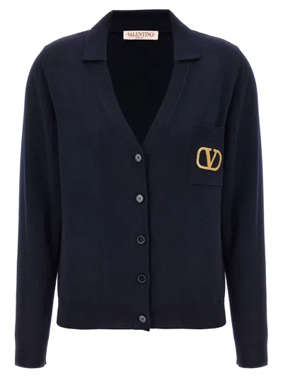 Valentino Logo Embroidery Cardigan Sweater, Cardigans Blue