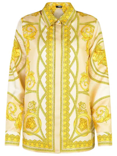 Versace Barocco Gold Silk Shirt In Beige