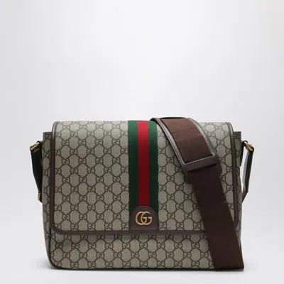 Gucci Shoulder Bag With Web Detail In Beige And Ebony Gg Fabric Men In Brown