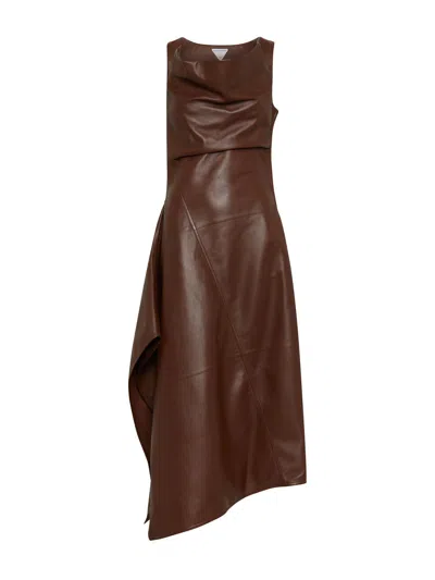 Bottega Veneta Leather Asymmetric Midi Dress In Brown