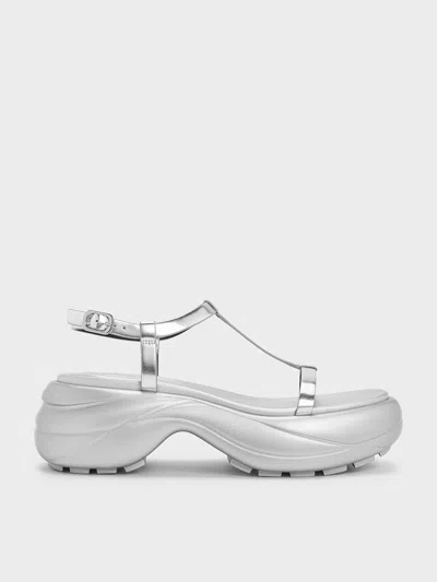 Charles & Keith - Metallic T-bar Curved Platform Sports Sandals In Silver