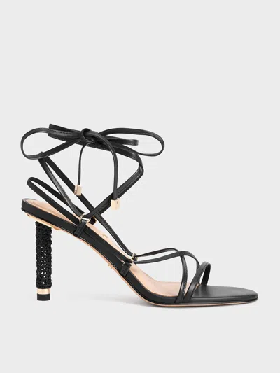 Charles & Keith - Strappy Woven-heel Tie-around Sandals In Black