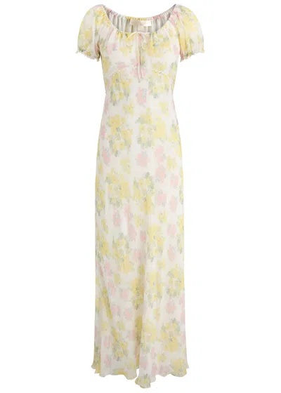 Loveshackfancy Kelila Tie-detailed Lace-trimmed Floral-print Georgette Maxi Dress In Cream