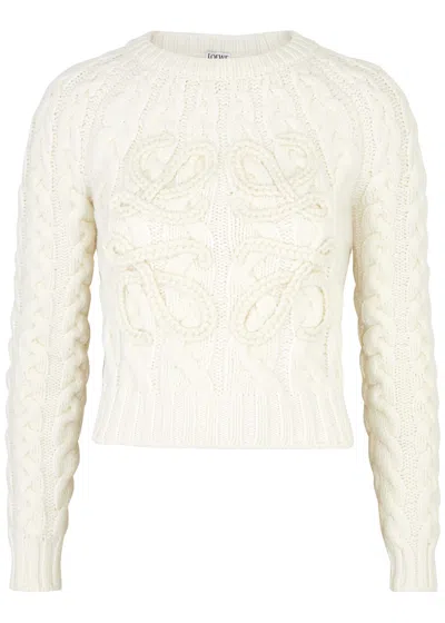 Loewe Anagram Cropped Cable-knit Wool-blend Sweater In White