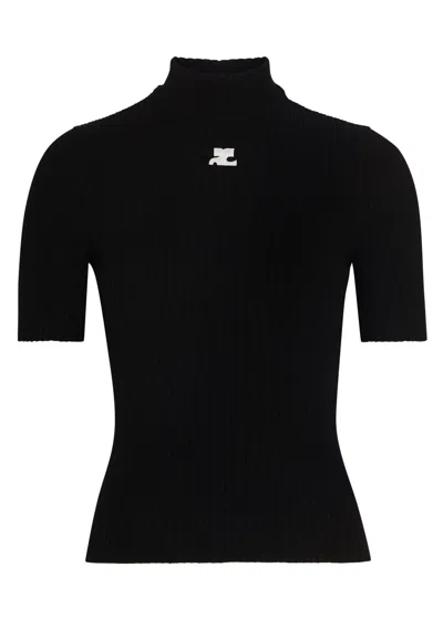 Courrèges Embroidered Ribbed-knit Top In Black
