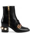 Gucci Marmont Logo And Faux Pearl-embellished Leather Ankle Boots In Blue