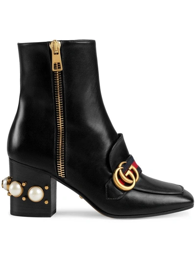 Gucci Marmont Logo And Faux Pearl-embellished Leather Ankle Boots In Blue