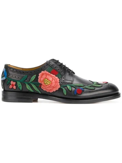 Gucci Leather Brogue Lace-up Derby Shoes With Embroidery In Black