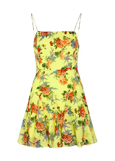 Alice And Olivia Ginny Spaghetti Strap Fitted Top Mini Dress In Floral Express Lemon Sorbet In Yellow