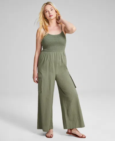 And Now This Women's Cotton Smocked Cargo Jumpsuit, Created For Macy's In Crushed Oregano